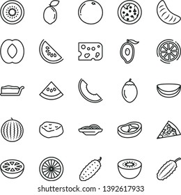 thin line vector icon set - piece of cheese vector, pizza, slices onion, cake slice, bacon, meat, cucumber, water melon, half mango, peach, tangerine, kiwi, tamarillo, sour lime, orange, lemon