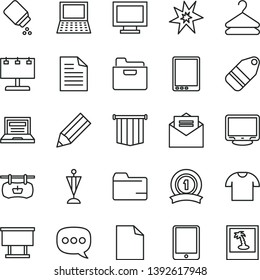 thin line vector icon set - laptop vector, monitor window, clean sheet of paper, scribbled, folder, baby powder, received letter, T shirt, hanger, label, antique advertising signboard, pencil, bang