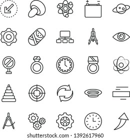 thin line vector icon set - prohibition vector, clock face, renewal, minus, stacking toy, tumbler, cogwheel, left bottom arrow, eye, porcini, plate, accumulator, gear, scribed compasses, Measuring