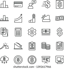 thin line vector icon set - bank card vector, dollar, bar chart, coins, recession, a crisis, statistical report, overview, denomination of the, financial item, cash, research, calculator, cashbox