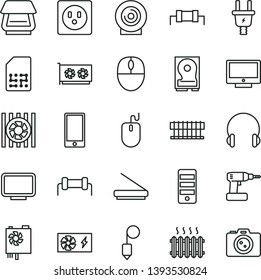 thin line vector icon set - cordless drill vector, plummet, headphones, screen, smartphone, lens, electric plug, socket, SIM, cast iron radiator, fan, mouse, pc power supply, tower, gpu card, hdd