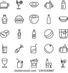 thin line vector icon set - mug for feeding vector, measuring cup, bottle, bath ball, e, packing of juice with a straw, coffee, burger, plate milk, beans, coffe to go, glass soda, tea, cocktail
