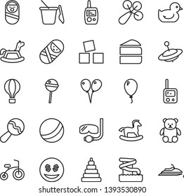 thin line vector icon set - beanbag vector, baby rattle, duckling, bath ball, stacking toy, roly poly doll, tumbler, phone, mobile, children's sand set, small teddy bear, yule, rocking horse