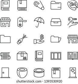 thin line vector icon set - folder vector, book, open pin, e, books, window frame, door knob, ntrance, umbrella, drawer, cardboard box, 24, canned goods, half of coconut, kiosk, stall, get a wage