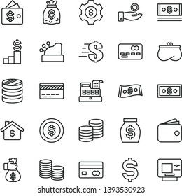 thin line vector icon set - bank card vector, dollar, coins, reverse side of a, front the, column, denomination, catch coin, wallet, purse, money, dollars, cash, machine, cashbox, bag hand, mortgage