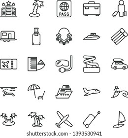 thin line vector icon set - suitcase vector, passport, plane, car baggage, camper, passenger, rolling, ticket, case, hotel, beach, arnchair under umbrella, palm tree, hawaii wreath, aquapark, hammok