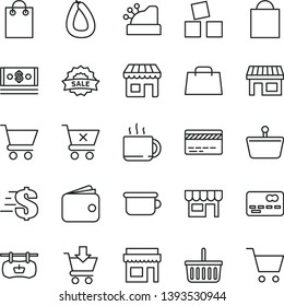 thin line vector icon set - paper bag vector, grocery basket, bank card, dollar, children's potty, cubes for children, cart, put in, crossed, kiosk, stick of sausage, cup tea, stall, shopping, cash