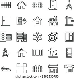 thin line vector icon set - house vector, dwelling, brick wall, window, frame, ntrance door, interroom, buildings, city block, tile, ceramic tiles, fence, hedge, home, industrial enterprise, 3d cube