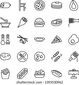 thin line vector icon set - plates and spoons vector, a chair for feeding, plastic fork, sausage, stick of, pizza, piece, Hot Dog, mini, burger, spaghetti, noodles, lettuce in plate, bacon, omelette