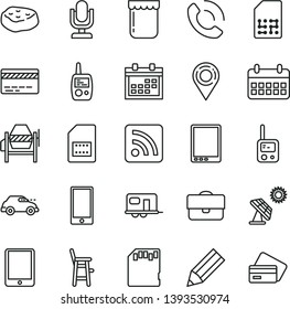 thin line vector icon set - desktop microphone vector, calendar, bank card, rss feed, toy phone, mobile, a chair for feeding child, concrete mixer, smartphone, call, piece of meat, jam, retro car