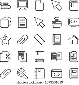 thin line vector icon set - monitor window vector, clip, bookmark, zoom, book, e, books, home, star, notebook, delete page, copy, statistical report, scientific publication, printer, coding, cursor