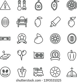 thin line vector icon set - warning vector, plastic fork spoons, children's train, yule, colored air balloons, concrete mixer, building level, peper, quince, melon, half of mango, loquat, lemon