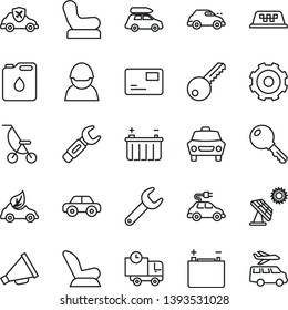 thin line vector icon set - truck lorry vector, horn, Baby chair, car child seat, summer stroller, motor vehicle, key, pass card, delivery, big solar panel, accumulator, battery, racer, eco, retro