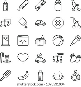 thin line vector icon set - heart symbol vector, mark of injury, toys over the cradle, cot, mug for feeding, measuring cup, bottle, powder, baby, summer stroller, sitting, electronic thermometer e