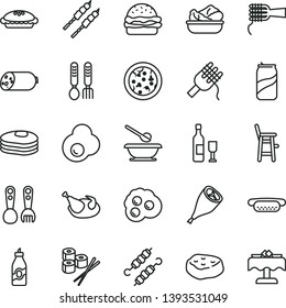 thin line vector icon set - plates and spoons vector, a chair for feeding child, plastic fork, iron, sausage, pizza, mini hot dog, burger, spaghetti, noodles, pie, lettuce in plate, chicken, liquor