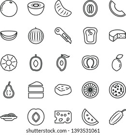thin line vector icon set - stationery knife vector, piece of cheese, pizza, slices onion, cake, meat, orange slice, sandwich, plum, water melon, half mango, delicious, tangerine, kiwi, sour lime