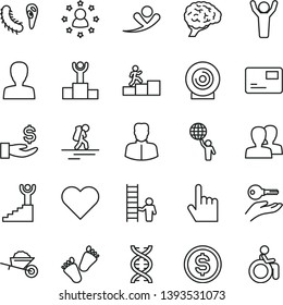 thin line vector icon set - woman vector, women, children's tracks, garden trolley, heart, index finger, pass card, lens, dollar, get a wage, dna, brain, bactery, winner podium, carrer stairway