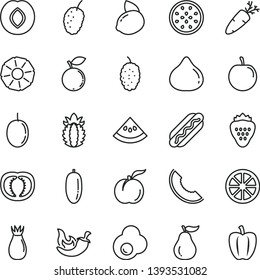 thin line vector icon set - Hot Dog vector, chili, carrot, fried egg, strawberry, ripe peach, plum, rose hip, fig, blueberry, mulberry, tasty, slice of melon, date fruit, passion, yellow lemon, half