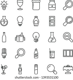 thin line vector icon set - incandescent lamp vector, zoom out, measuring cup for feeding, window frame, bulb, interroom door, magnifier, a glass of soda, bottle, jam, jar, liquor, round flask