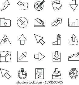 thin line vector icon set - danger of electricity vector, upward direction, downward, right, growth up, renewal, chart, download archive data, upload folder, dangers, timer, put in a box, move, left