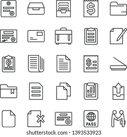 thin line vector icon set - clean paper vector, scribbled, folder, archive, upload data, bookmark, case, passport, pass card, drawer, notes, delete page, statistical report, overview, financial item
