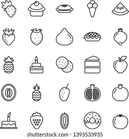 thin line vector icon set - cake vector, muffin, piece of, birthday, glazed with a hole, pie, apple, cone, strawberry, pineapple, biscuit, pomegranate, half, grape, red, fig, medlar, tasty raspberry