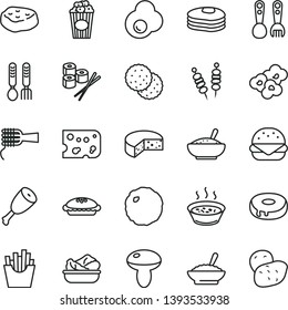 thin line vector icon set - plastic fork spoons vector, iron, piece of cheese, fried vegetables on sticks, big burger, noodles, mushroom, cake with a hole, pie, bowl buckwheat porridge, rice, meat