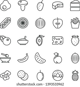 thin line vector icon set - deep plate with a spoon vector, piece of cheese, Hot Dog, mushroom, cake, glazed hole, bowl rice porridge, French fries, popcorn, fried egg, blueberries, biscuit, peach