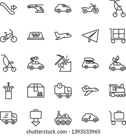 thin line vector icon set - cargo trolley vector, paper airplane, summer stroller, sitting, delivery, cardboard box, coal mining, environmentally friendly transport, electric car, retro, Express