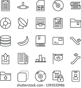 thin line vector icon set - archive vector, upload data, folder bookmark, e, books, pass card, copy, banana, satellite dish, SIM, vintage sign, chart, statistical report, ring diagram, newspaper, cd