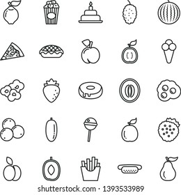 thin line vector icon set - birthday cake vector, piece of pizza, mini hot dog, with a hole, apple pie, Chupa Chups, French fries, popcorn, cup, cone, omelette, strawberries, peach, quince, mulberry