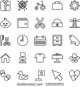 thin line vector icon set - scissors vector, purse, hat with glasses, remove label, bedside table, rubber duck, accessories for a hairstyle, funny hairdo, child bicycle, shoes, warm, home, T shirt
