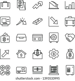 thin line vector icon set - growth up vector, chart, negative, abacus, case, drawer, strongbox, math actions, reverse side of a bank card, front the, recession, crisis, hand shake, dollars, cash