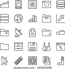 thin line vector icon set - floppy disk vector, folder, growth chart, download archive data, bookmark, storage unit, processor, satellite antenna, bar, statistical research, radiator fan, memory