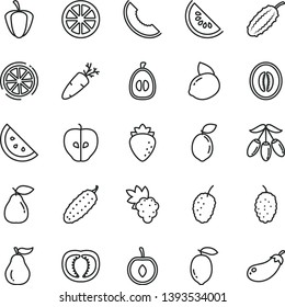 thin line vector icon set - cucumber vector, carrot, orange slice, grape, pear, tasty apple, raspberry, mulberry, of melon, water, goji berry, half, loquat, cherry, lemon, yellow, juicy, sour lime