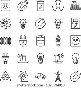 thin line vector icon set - incandescent lamp vector, dangers, new radiator, marine propeller, charging battery, oil derrick, working, coal mining, barrel, bulb, hydroelectric station, power line