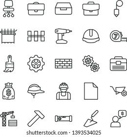 thin line vector icon set - clean sheet of paper vector, tower crane, brickwork, building trolley, trowel, drill, long meashuring tape, wooden paint brush, portfolio, construction level, helmet