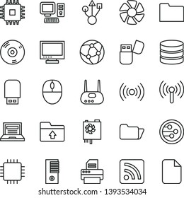 thin line vector icon set - laptop vector, monitor, rss feed, upload folder, computer, fan, mouse, pc power supply, tower, cpu, usb, router, cd, printer, flash, network, wireless, big data, file