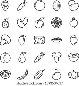 thin line vector icon set - piece of cheese vector, slices onion, mushroom, porcini, carrot, strawberry, ripe peach, apple, raspberry, medlar, melon, mango, yellow lemon, kiwi, half orange, guawa