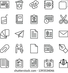 thin line vector icon set - scissors vector, clip, paper airplane, clean sheet of, scribbled, e, sample colour, calendar, envelope, address book, survey, copy, popcorn, coffe to go, overview