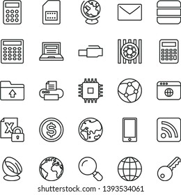 thin line vector icon set - sign of the planet vector, laptop, rss feed, upload folder, envelope, magnifier, earth, smartphone, SIM card, dollar, calculator, radiator fan, encrypting, cpu, printer