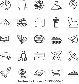 thin line vector icon set - briefcase vector, paper airplane, Baby chair, toy train, child Kick scooter, garden trolley, suitcase, globe, history, saturn, lunar rover, mountain flag, rocket, plane