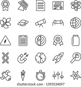 thin line vector icon set - jar vector, file, telescope, electricity, atom, dna, brain, settings, satellite, magnet, clipboard, artifical insimination, earth core, medal, sun panel, saturn, rocket