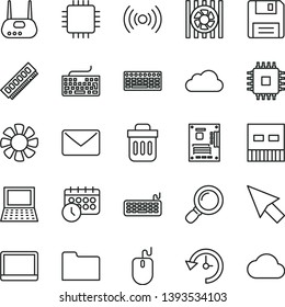 thin line vector icon set - keyboard vector, notebook pc, fan, radiator, mouse, motherboard, cpu, memory, usb, router, folder, trash bin, floppy, wireless, magnifier, mail, history, schedule clock