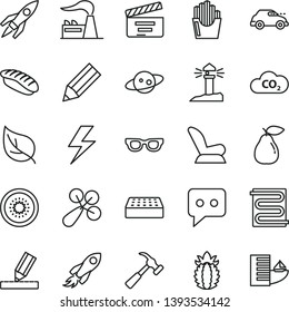 thin line vector icon set - lightning vector, movie cracker, baby rattle, car child seat, drawing, brick, heating coil, hammer with claw, fried potato slices, japanese sushi, pear, half of kiwi, CO2