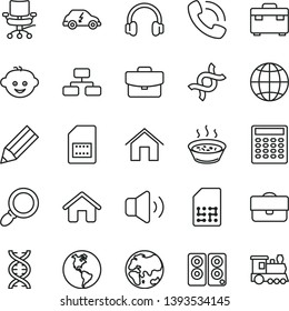 thin line vector icon set - children's hairdo vector, house, suitcase, home, earth, flowchart, volume, porridge in a saucepan, planet, electric transport, SIM card, portfolio, pencil, phone call