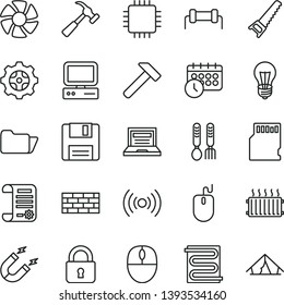 thin line vector icon set - laptop vector, iron fork spoons, brickwork, hand saw, heating coil, hammer, with claw, lock, bulb, gear, magnet, aluminum radiator, research article, computer, fan, mouse