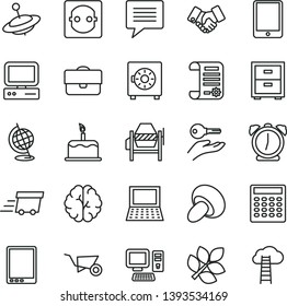 thin line vector icon set - image of thought vector, bedside table, yule, building trolley, concrete mixer, alarm clock, strongbox, cake, porcini, power socket, portfolio, handclasp, urgent cargo