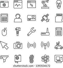 thin line vector icon set - camera vector, calculator, saving light bulb, cardiogram, environmentally friendly transport, assembly robot, repair key, caliper, water filter, front of the bank card