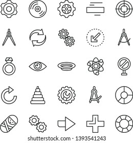 thin line vector icon set - prohibition vector, right direction, renewal, plus, minus, clockwise, stacking toy, tumbler, cogwheel, gear, left bottom arrow, eye, CD, plate, scribed compasses, atom